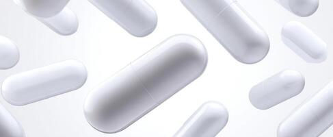 The floating white capsules showcasing advanced pharmaceutical design and health benefits. photo