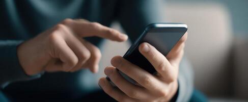 The user interacting with a smartphone in a cozy indoor setting. photo