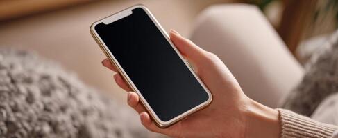 The smartphone in a relaxed hand showcasing modern technology and lifestyle. photo
