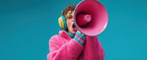 The woman with a bright megaphone expressing excitement and creativity. photo