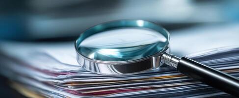 The magnifying glass enhances examination of documents on a cluttered workspace. photo