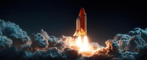The rocket launching through clouds into the dark sky of space. photo