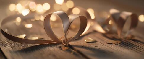 The delicate heart-shaped ribbon adorned with sparkling lights and wooden backdrop. photo