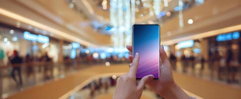 The smartphone held in hands in a vibrant shopping mall setting. photo
