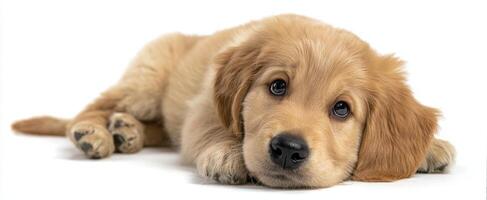 The adorable golden retriever puppy resting happily on a white background. photo