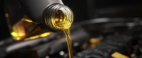 The oil pouring into the engine for optimal vehicle performance and maintenance. photo