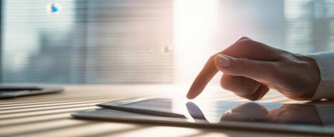 The hand interacts with a tablet in a modern office setting. photo