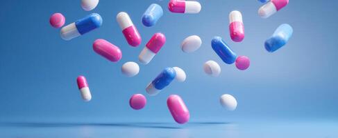 The Colorful Capsules and Pills Floating in Air Against a Blue Background photo
