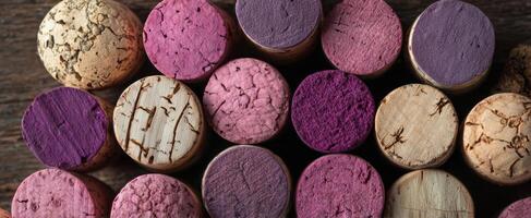 The colorful arrangement of wine corks on a rustic wooden surface. photo