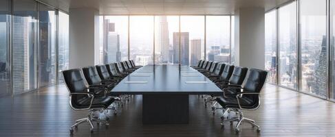 The modern boardroom with a breathtaking city view and sleek furniture. photo