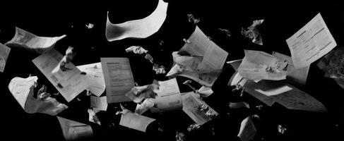 The chaotic flight of scattered papers in a dramatic black and white setting. photo