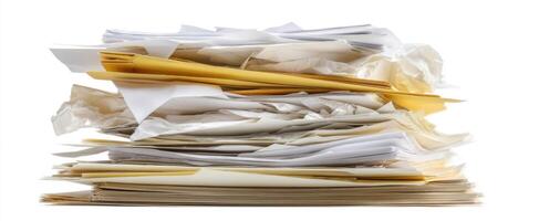 The cluttered stack of paperwork waiting for organization and review. photo