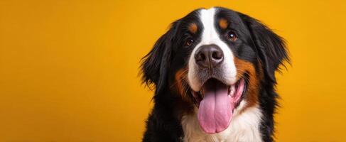 The Bernese Mountain Dog Exuding Joy and Happiness Against a Yellow Background photo