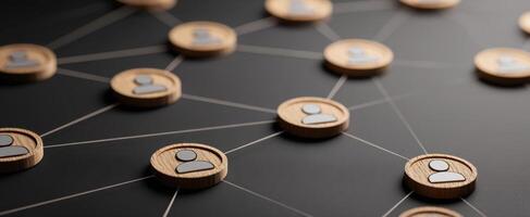 The interconnected network of social connections represented by wooden icons. photo