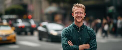 The smiling man standing confidently on a busy city street. photo