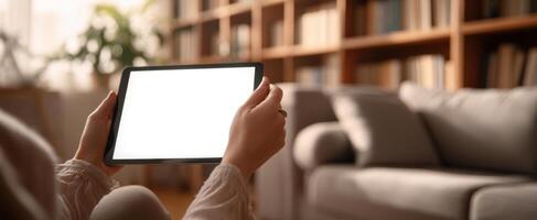 The tablet held in cozy hands in a modern living room setting. photo
