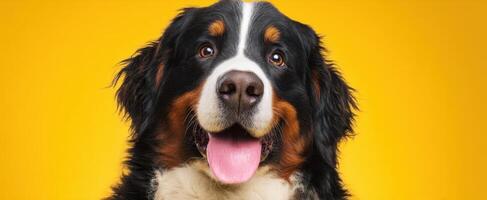 The Bernese Mountain Dog Smiling Against a Vibrant Yellow Background photo