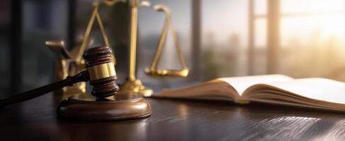 The gavel symbolizes justice in a modern courtroom setting. photo