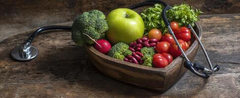 The vibrant assortment of fresh produce embraced by a stethoscope symbolizes health. photo