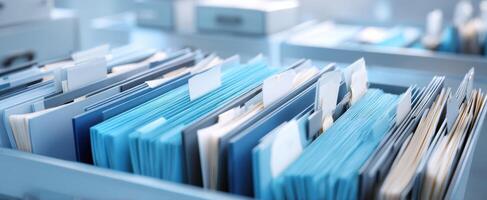 The organized collection of blue files in a modern office setting. photo
