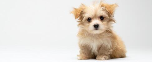 The adorable puppy sitting against a simple background with a curious expression. photo