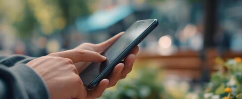 The smartphone in use showcasing modern communication amidst a vibrant urban setting. photo