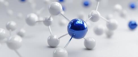 The molecular structure with blue and white spheres representing atoms and bonds. photo