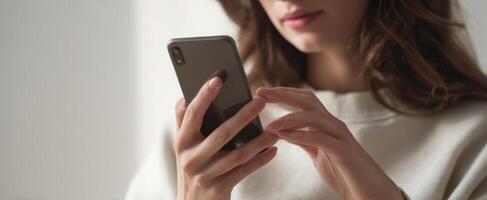 The woman using a smartphone while sitting comfortably indoors. photo