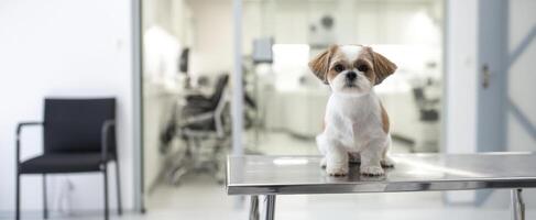 The adorable puppy waiting at the veterinary clinic for a check-up. photo