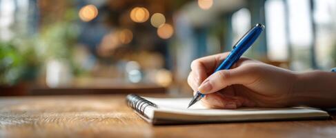 The hand writing in a notebook at a cozy coffee shop setting. photo