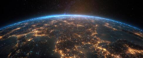 The breathtaking view of Earth illuminated by city lights from space at night. photo