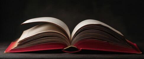 The elegant open book revealing its textured pages in dim light. photo