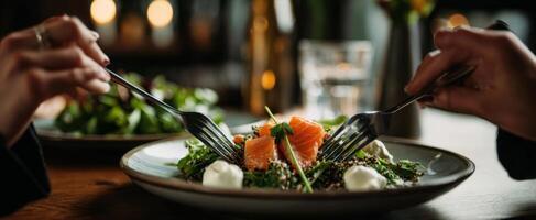 The vibrant salmon salad served in an elegant dining setting. photo