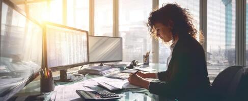 The professional woman diligently working in a modern office environment. photo