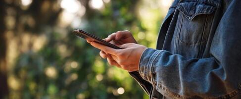 The person interacting with a smartphone in a lush outdoor setting. photo