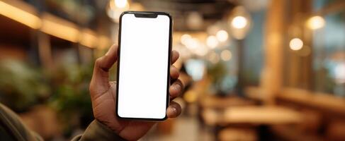 The smartphone held in a hand against a stylish cafe background. photo
