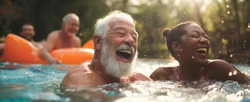 The joyful moment of laughter shared between friends in a sunny pool. photo
