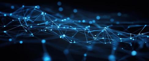 The futuristic representation of interconnected digital networks glowing in blue. photo