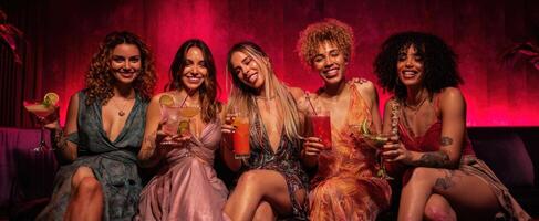 The vibrant group of friends enjoying cocktails in a cozy bar setting. photo