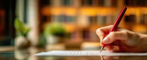 The hand writing on a sheet of paper with a red pen in a cozy library setting. photo