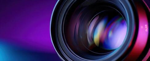 The intricate details of a professional photography lens showcasing vibrant reflections. photo