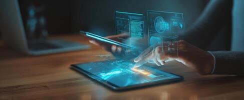 The futuristic tablet display with interactive holographic interface and user engagement. photo