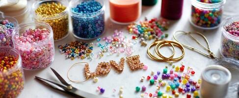 The vibrant array of beads and tools for creative jewelry making. photo