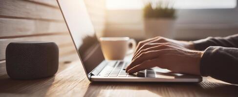 The laptop resting on a stylish wooden desk with hands typing on the keyboard. photo