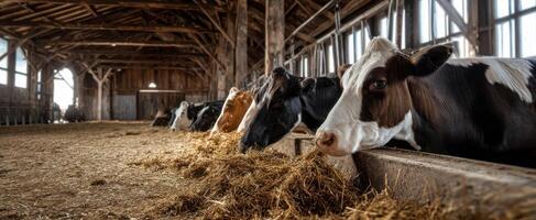 The cows peacefully feeding in a rustic barn setting with natural light. photo