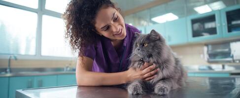 The veterinarian lovingly cares for a fluffy cat in a modern clinic. photo