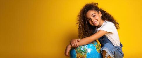 The joyful child embracing the world globe with a bright smile. photo