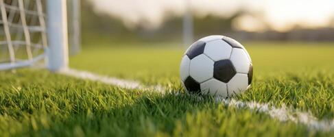 The soccer ball resting on lush green grass near the goalpost. photo