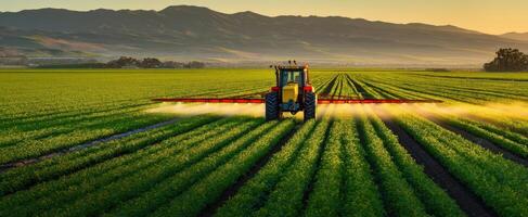 The tractor spraying crops across vibrant green fields at sunset. photo