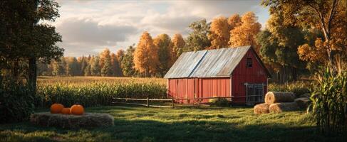 The vibrant red barn nestled among golden autumn trees and pumpkins. photo